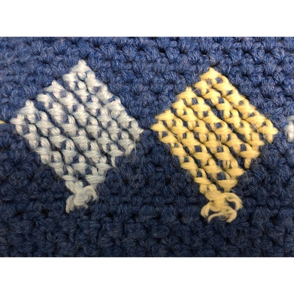 Handmade Blue Crochet Throw Blanket Afghan W/Diamond Shapes Around Edge 46X44 - Picture 2 of 5